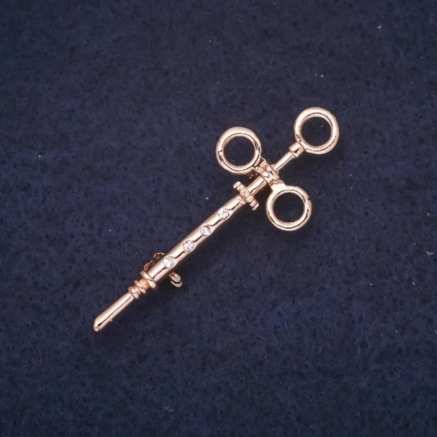 Syringe Brooch with Rhinestones, Gold-Tone Metal 17x45mm