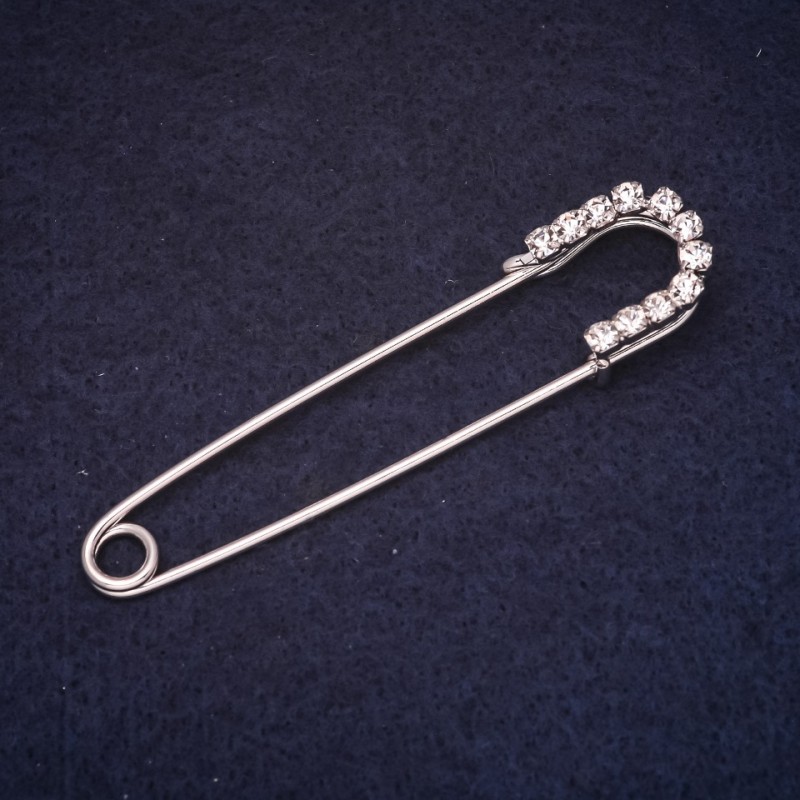 Pin Brooch 70x16mm, White Rhinestones, Silver-Tone Metal