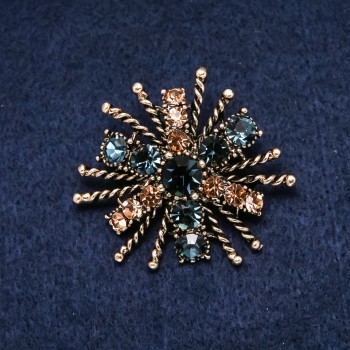 "Order of Beauty" Brooch 45x40mm, Yellow & Blue Rhinestones, Gold-Tone Metal