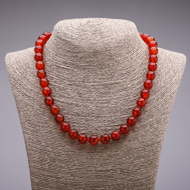 Natural Stone Necklace Carnelian Smooth Round Beads, 10mm Diameter, 45cm Length