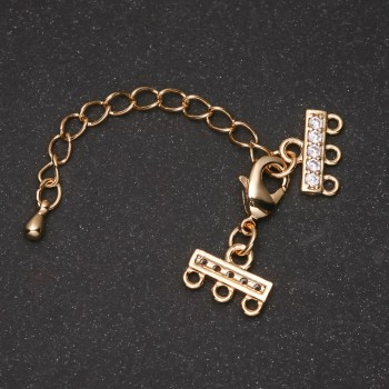 3-Strand Clasp for Bracelets and Beads with Rhinestones and Extension Chain, Gold-Tone Metal, 9x12mm, 5cm Length
