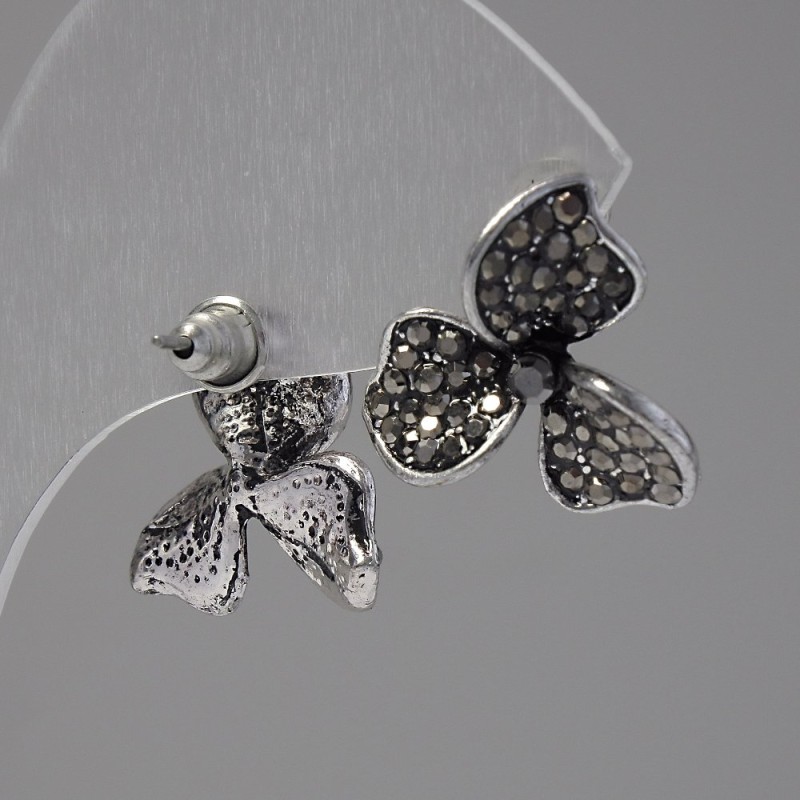 Trefoil Stud Earrings, Dark Rhinestones, Silver-Tone Metal, 20mm