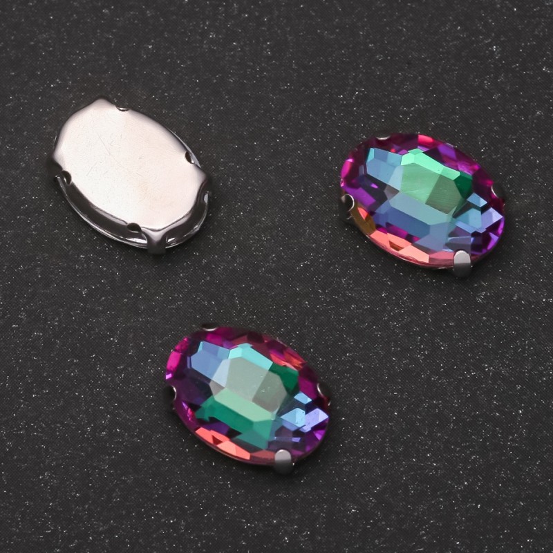 Price per Pack /10 pcs. Sew-on Crystal in Setting, Oval 10x14mm, Green-Raspberry
