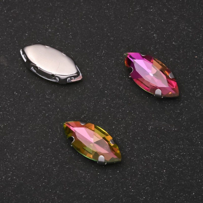 Price/Pack of 10 pcs. Sew-on Crystal in Prong Setting Oval 9x18mm Pink-Green