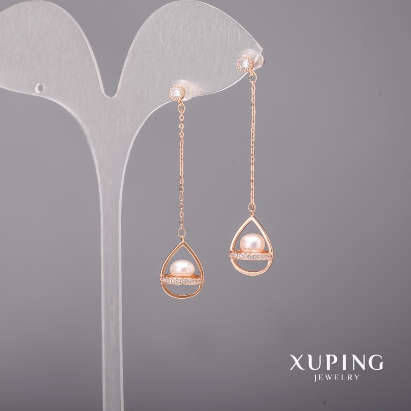 Xuping Earrings with White Stones and Majorica Pearls 10x52mm 18K Gold Plated