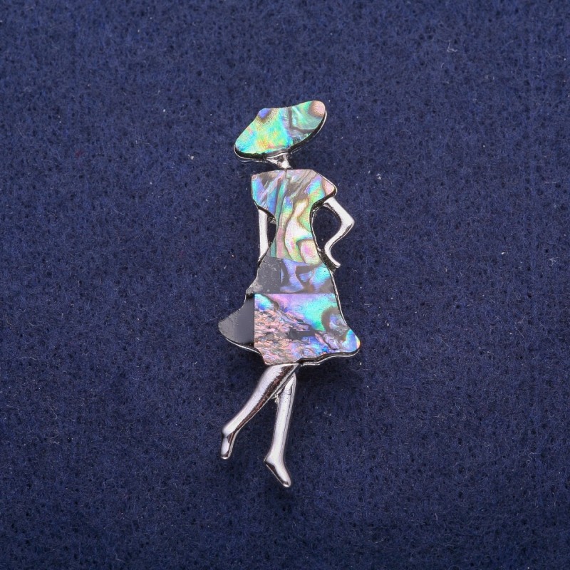 Sale! Madame Brooch with Abalone, Silver-Tone Metal 18x50mm