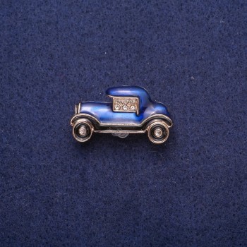 Car Brooch with Blue-Black Enamel and Rhinestones, Gold-Tone Metal 17x29mm