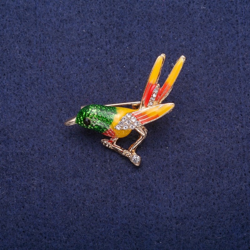 Sale! Bird on a Branch Brooch, Enamel with Rhinestones, Gold-Tone Metal 34x33mm