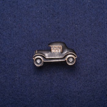Car Brooch, Black Enamel with Rhinestones, Gold-Tone Metal 17x29mm