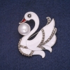 Swan Brooch, Enamel with Bead and Rhinestones, Silver-Tone Metal 44x46mm