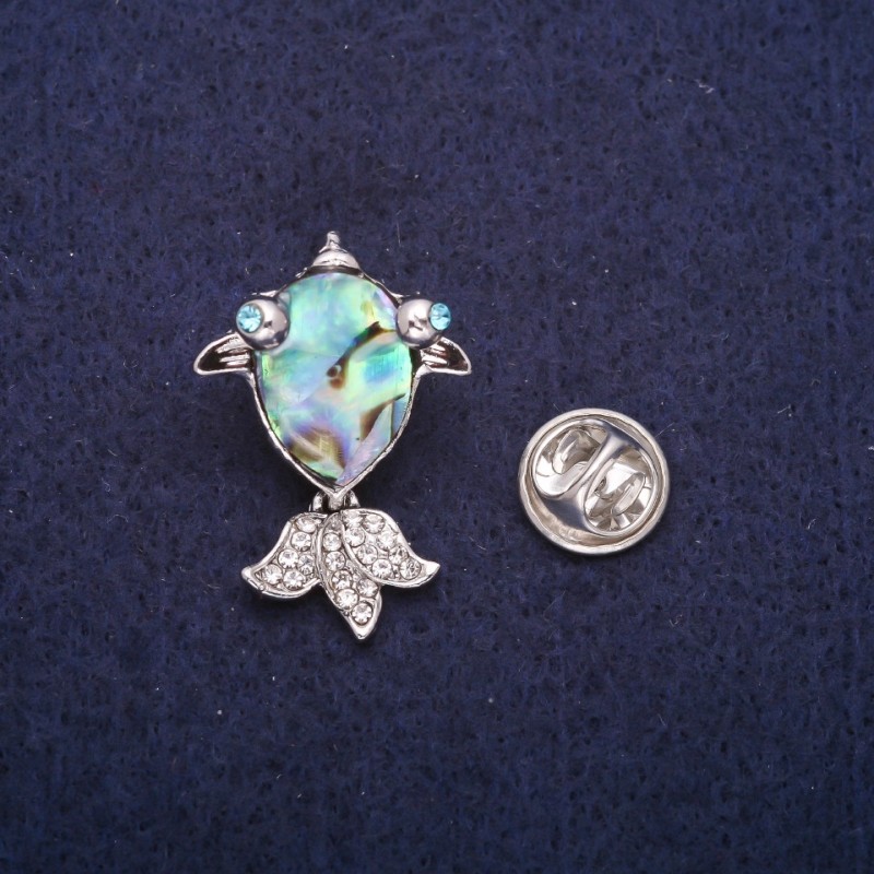 Sale! Fish Brooch with Abalone Cabochon and Rhinestones, Silver Metal 19x28mm