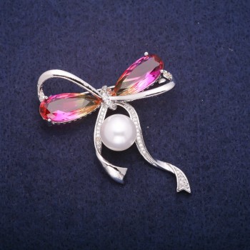 Sale! Bow Brooch with Bead and Yellow-Pink Swarovski-Style Crystals, Silver-Tone Metal 45x47mm