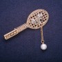 Sale! Racket Brooch with Bead Pendant in Gray Rhinestones, Gold-Tone Metal 24x64mm