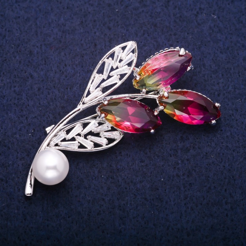 Sale! Twig Brooch with Bead and Yellow-Pink Crystals in Swarovski Style, Silver-Tone Metal 35x60mm