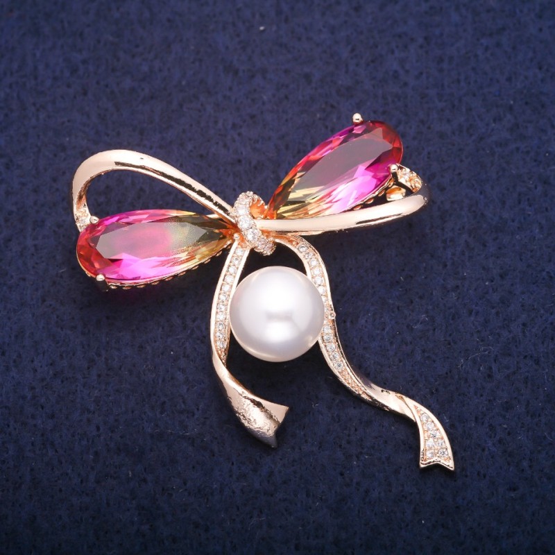 Sale! Bow Brooch with Bead and Yellow-Pink Crystals in Swarovski Style, Gold-Tone Metal 45x47mm