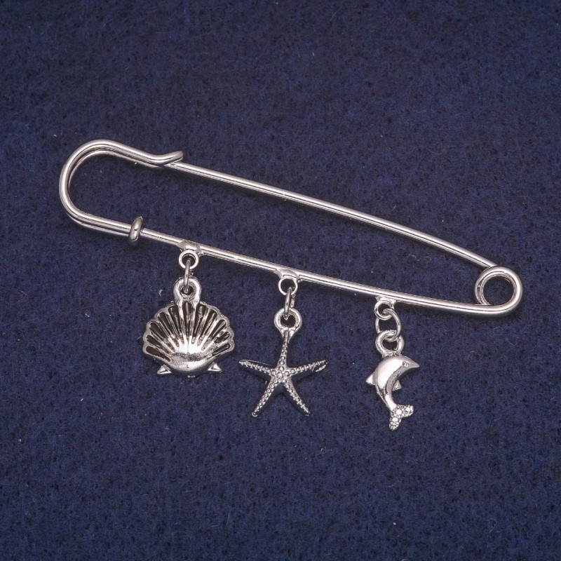 Sale! Pin Brooch with Sea-Themed Charms, Silver-Tone Metal 13x60mm