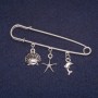 Sale! Pin Brooch with Sea-Themed Charms, Silver-Tone Metal 13x60mm