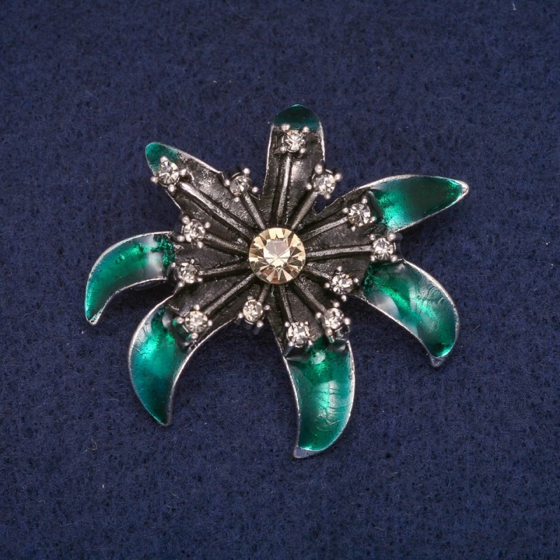 Sale! Flower Brooch with Green Enamel and Rhinestones, Gray Metal 37x41mm