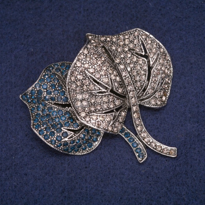 Sale! Leaf Brooch with Blue and Gray Rhinestones, Silver Metal Color 54x54mm