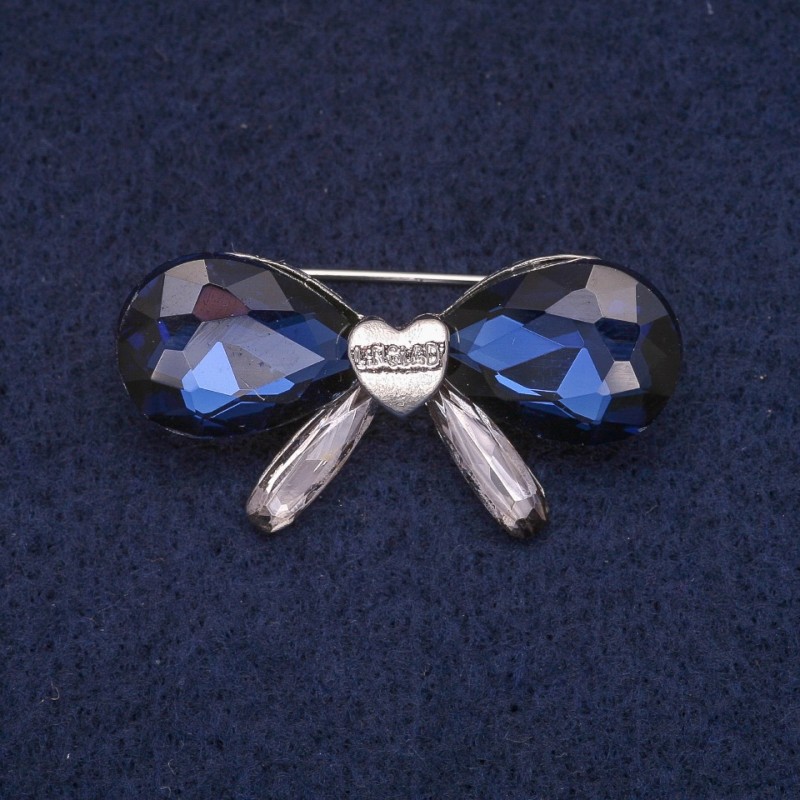 Sale! Bow Brooch with Blue Crystals, Silver-Tone Metal, 20x40mm