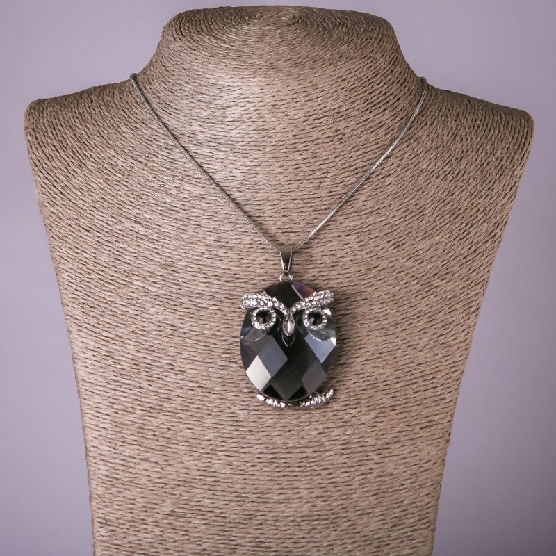 Owl Pendant on Chain with Gray Crystal, Diameter 35x52mm, Length 75cm