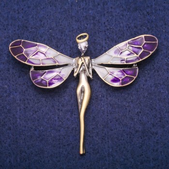 Fairy Brooch with Lilac Crystal and Enamel, Gold-Tone Metal 50x60mm