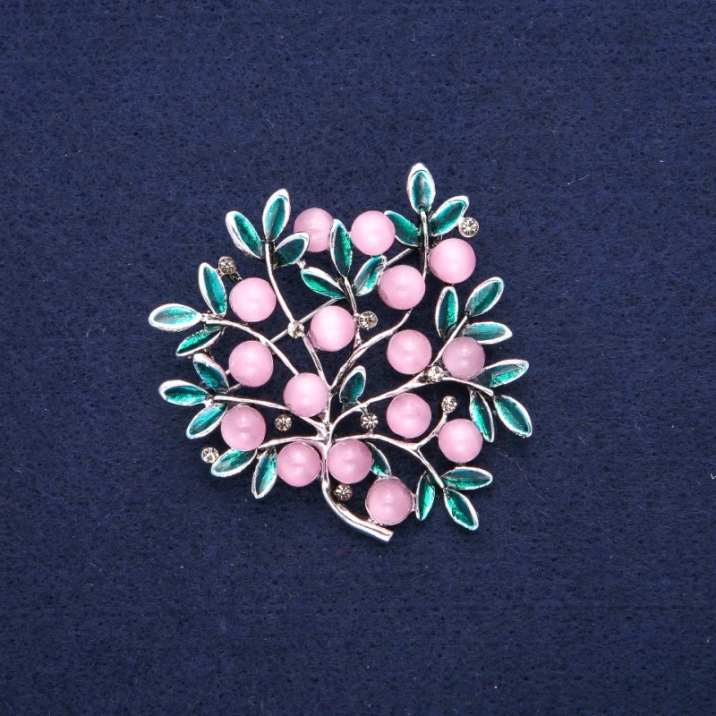 Twig with Pink Cat's Eye Brooch, Green Enamel, Silver-Tone Metal, 51x53mm