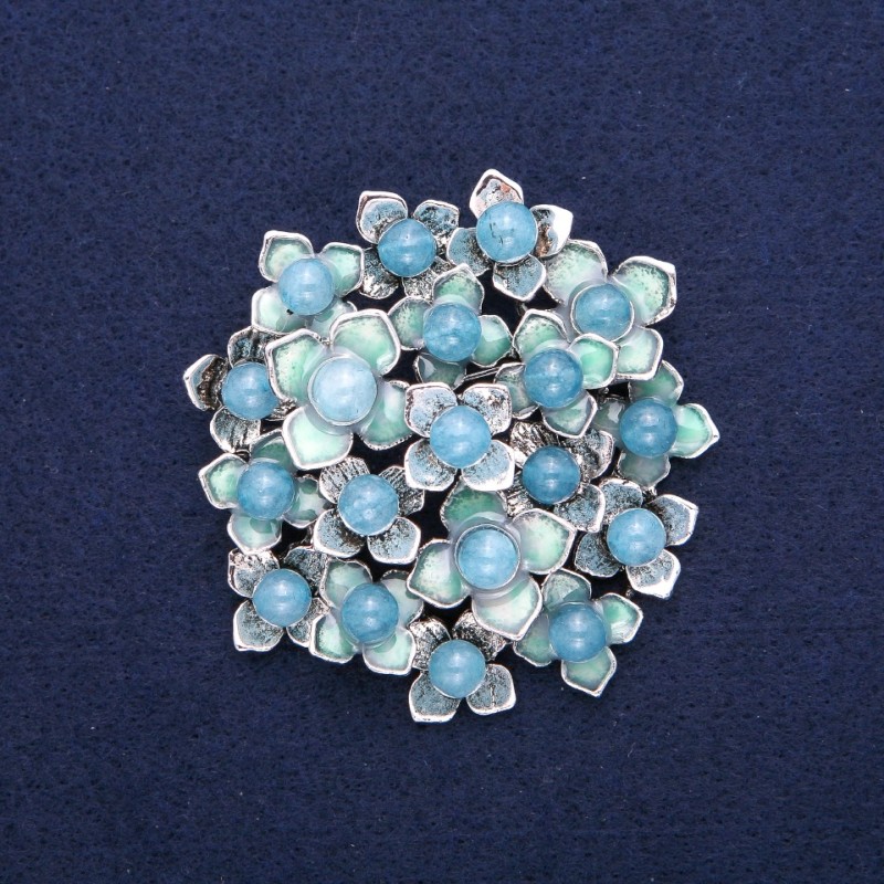 Brooch Flowers with Aquamarine, blue enamel, silver-tone metal 60x62mm
