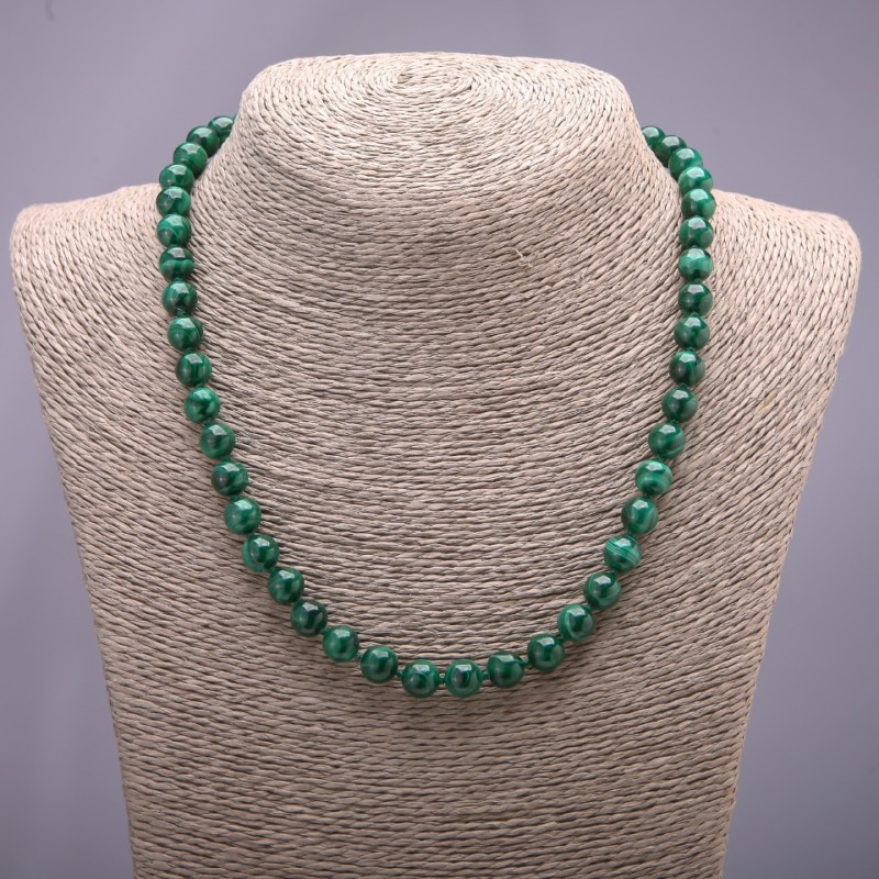 Natural Malachite Necklace, Smooth Round Beads, 8mm Diameter, 48cm Length