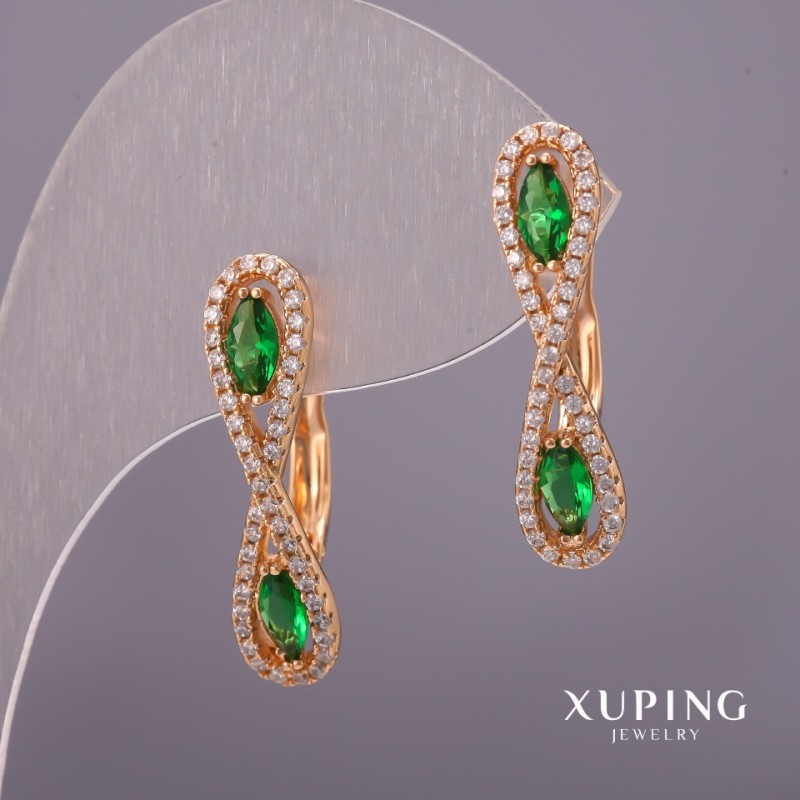 Xuping Earrings with White Rhinestones and Green Stones 6x25mm, 18K Gold Plated