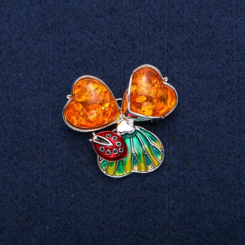 Brooch Pendant Ladybug with Amber (Imitation) Cabochons, Enamel, Silver-Tone Metal 35x37mm