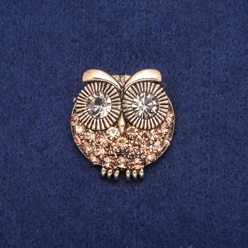 Owl Brooch with Yellow Crystals, Gold-Tone Metal 32x33mm