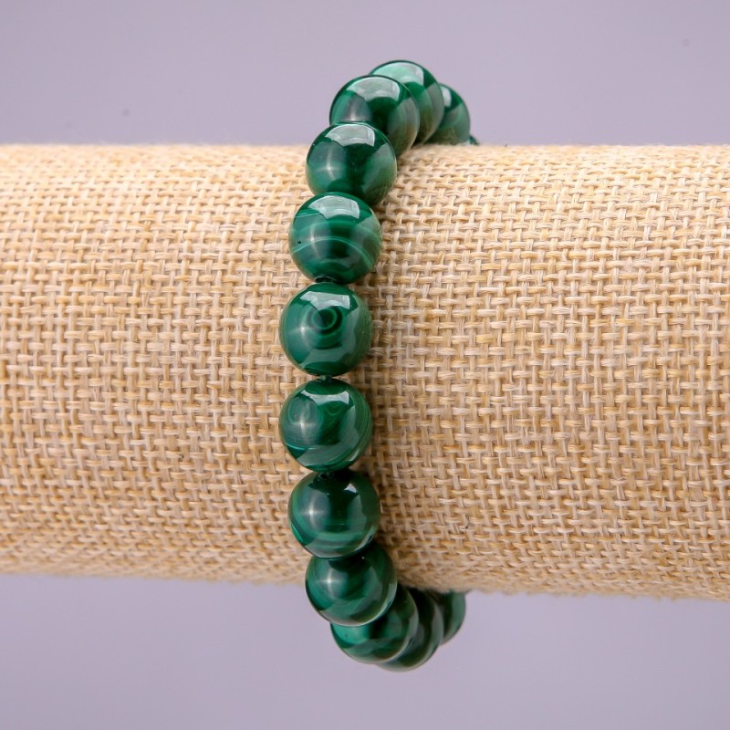 Natural Stone Malachite Bracelet, smooth bead, diameter 10(+/-)mm on elastic, length 18cm