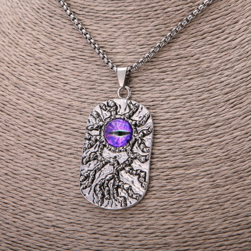 Dragon Eye Pendant, Purple, 30×58mm, on Chain, 65cm Length, Silver Color Metal