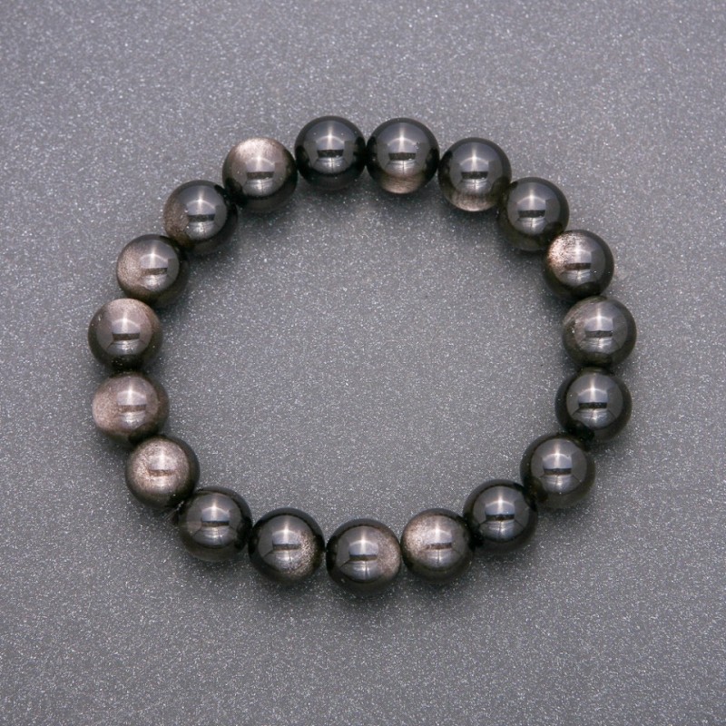 Natural Silver Obsidian Stone Bracelet on Elastic Band, Smooth Bead, Diameter 10(+/-)mm, Length 18cm