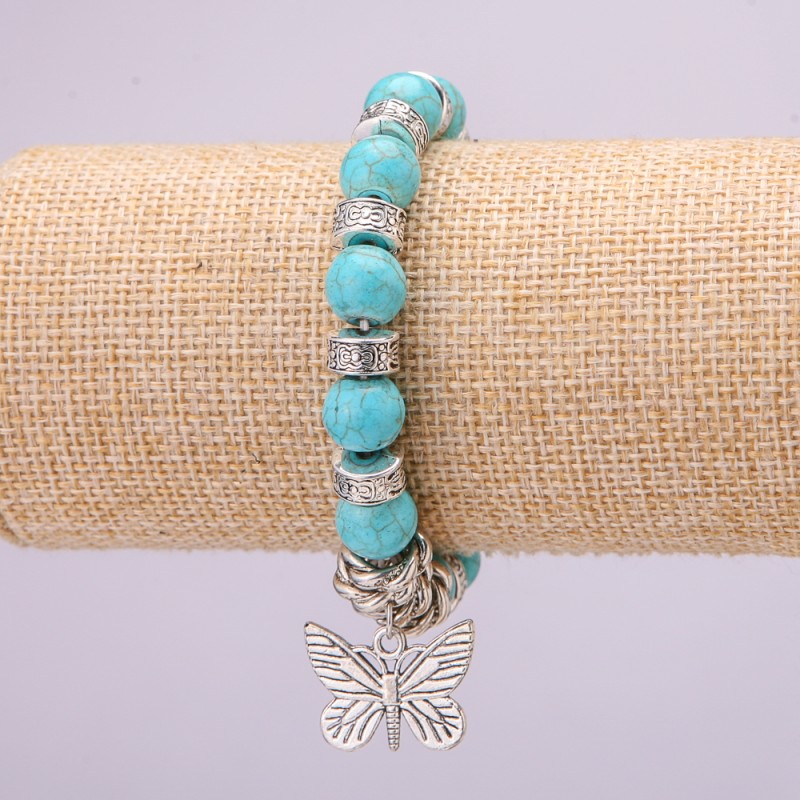 Turquoise Bracelet on Elastic Band, Diameter 10(+-)mm, Length 18cm with Inserts and Butterfly Charm
