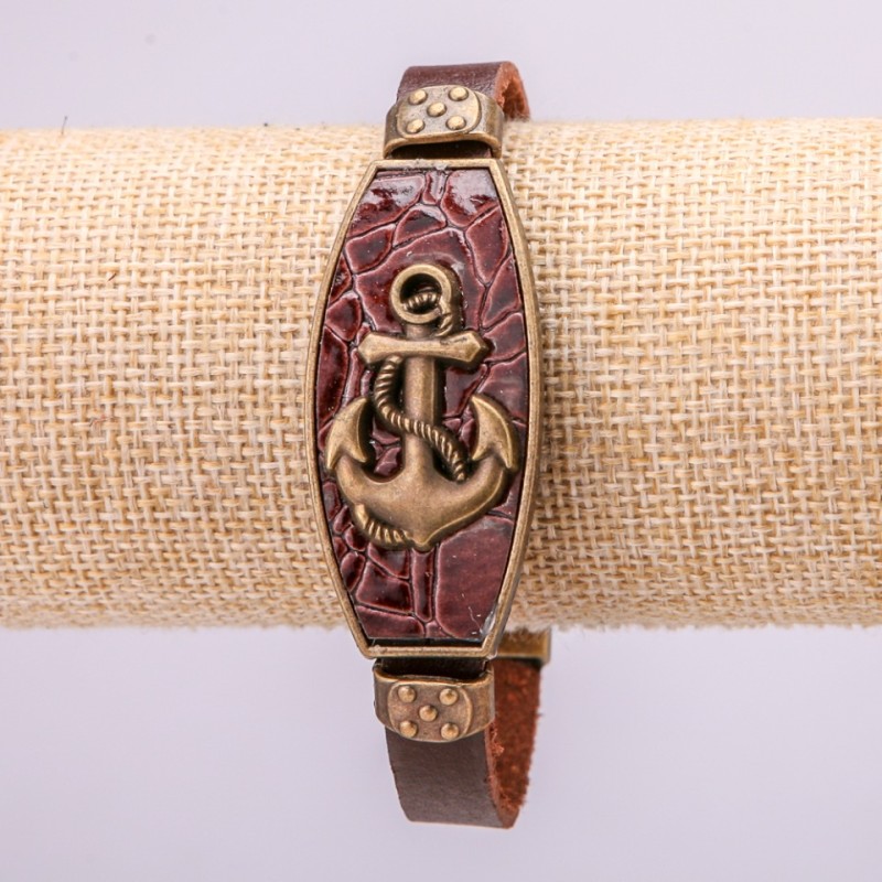 Anchor Bracelet with Metal Inserts, Length 21cm, 20mm Thick, Brown Eco Leather with Clasp