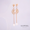 Xuping Earrings, 18K Gold Plated with 8mm Pearl and White Stone, 77mm Length +