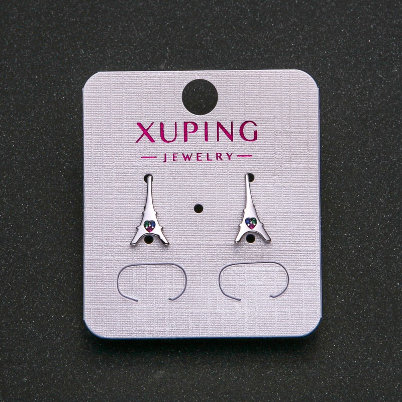 Xuping Rhodium Earrings with Blue, Green, and Raspberry Rhinestones, 13x7mm+