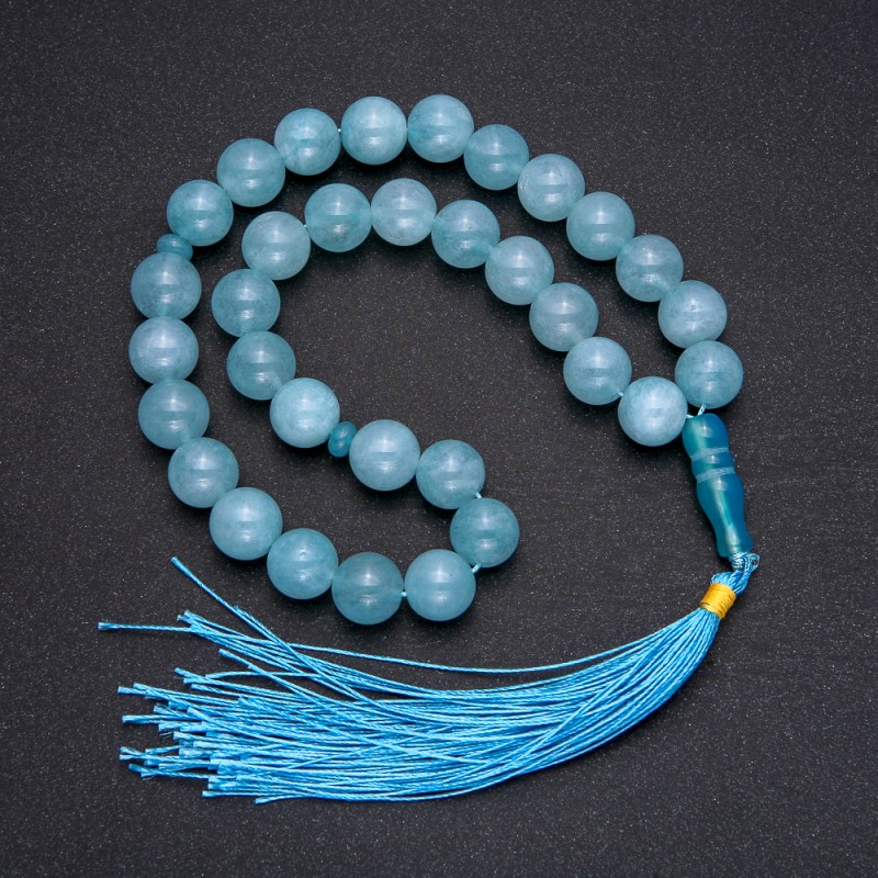 Natural Aquamarine Prayer Beads, 33 Beads, Smooth Round, Diameter ~12mm, Aquamarine Accent Bead