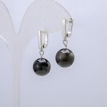 Silver Sheen Obsidian Earrings, diameter 12mm, length 30mm+