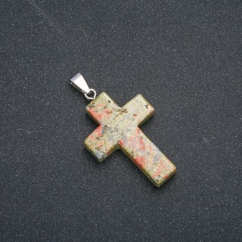 Cross Pendant, Heliotrope Unakite 50x28mm +