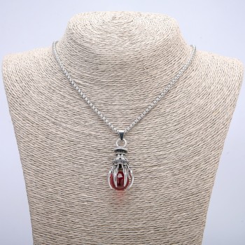 "Ball in Claw" Pendant Red 45x17mm on chain, 70cm length +/-, silver-tone metal