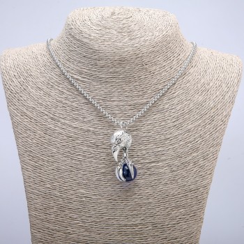 "Bird with Sphere" Pendant 47x18mm on Chain, 70cm Length, Silver-Tone Metal
