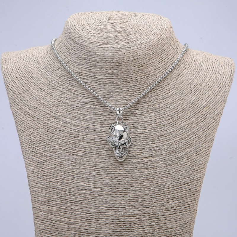 Skull Pendant 37x15mm on a Chain, 65cm Length, Silver-Tone Metal