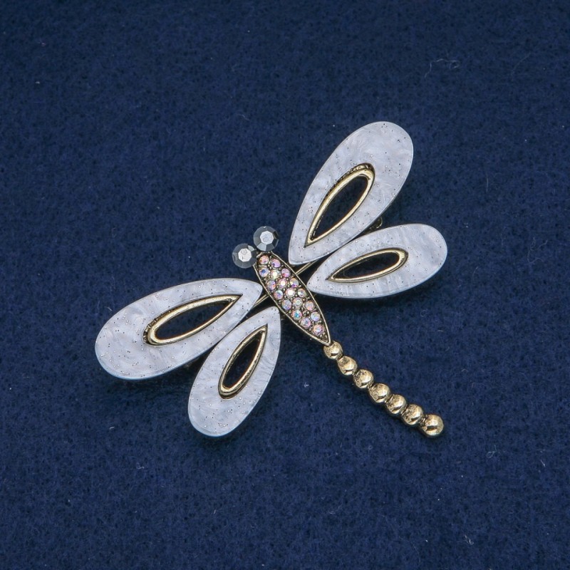 Dragonfly Brooch, White Mother-of-Pearl, White Petrol and Gray Rhinestones, Silver-Tone Metal, 62x45mm +