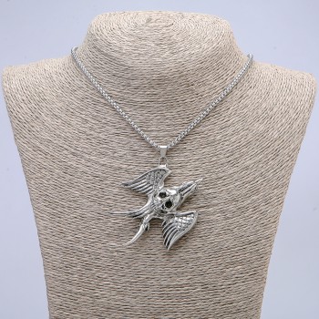 "Bird with Skull" Pendant 50x57mm on Chain, 65cm Length, Silver-Tone Metal