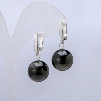 Silver Sheen Obsidian Earrings, 14mm Diameter+/-, 32mm Length+