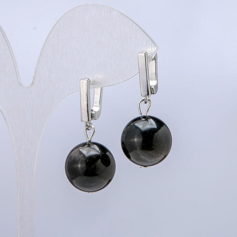 Silver Sheen Obsidian Earrings, 14mm Diameter+/-, 32mm Length+