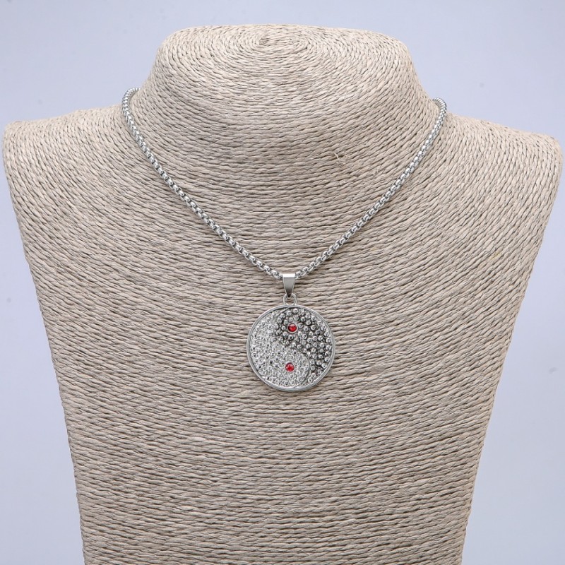 Yin Yang Pendant with Rhinestones 40x30mm on Chain, Length 70cm +/-, Silver-Tone Metal